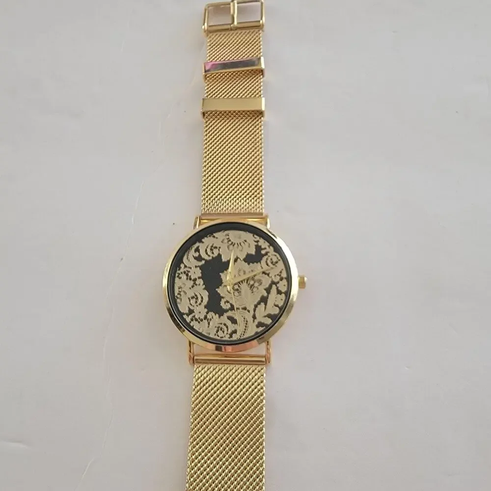 Womens Watch Black Dial 36mm Gold Case Gold Mesh Bracelet Quartz Analog